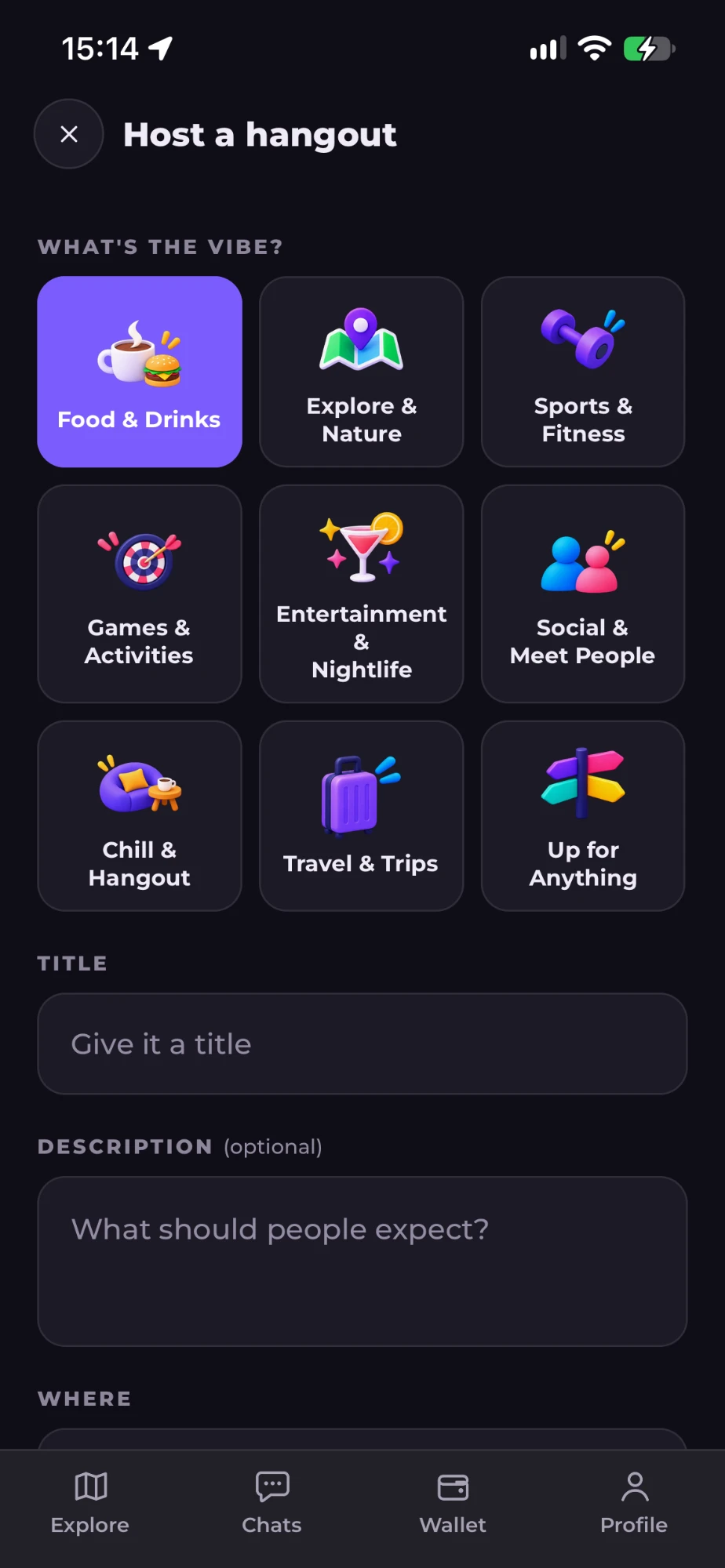 Host a hangout screen with vibe categories